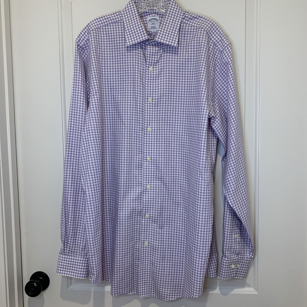 Brooks Brothers 346 Mens 16-6/7 Regular Fit Non-Iron Gingham Dress Shirt Lilac